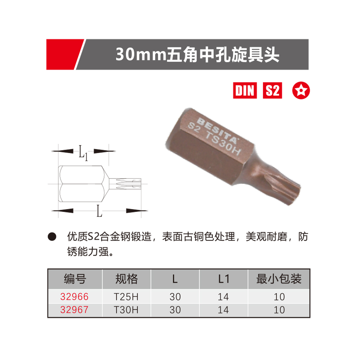 30mm五角中孔旋具頭（NO.32966-32967）